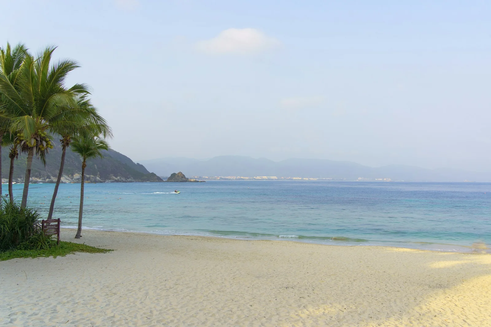 Palm-lined coast and blue sea at Taiyang Bay, Sanya